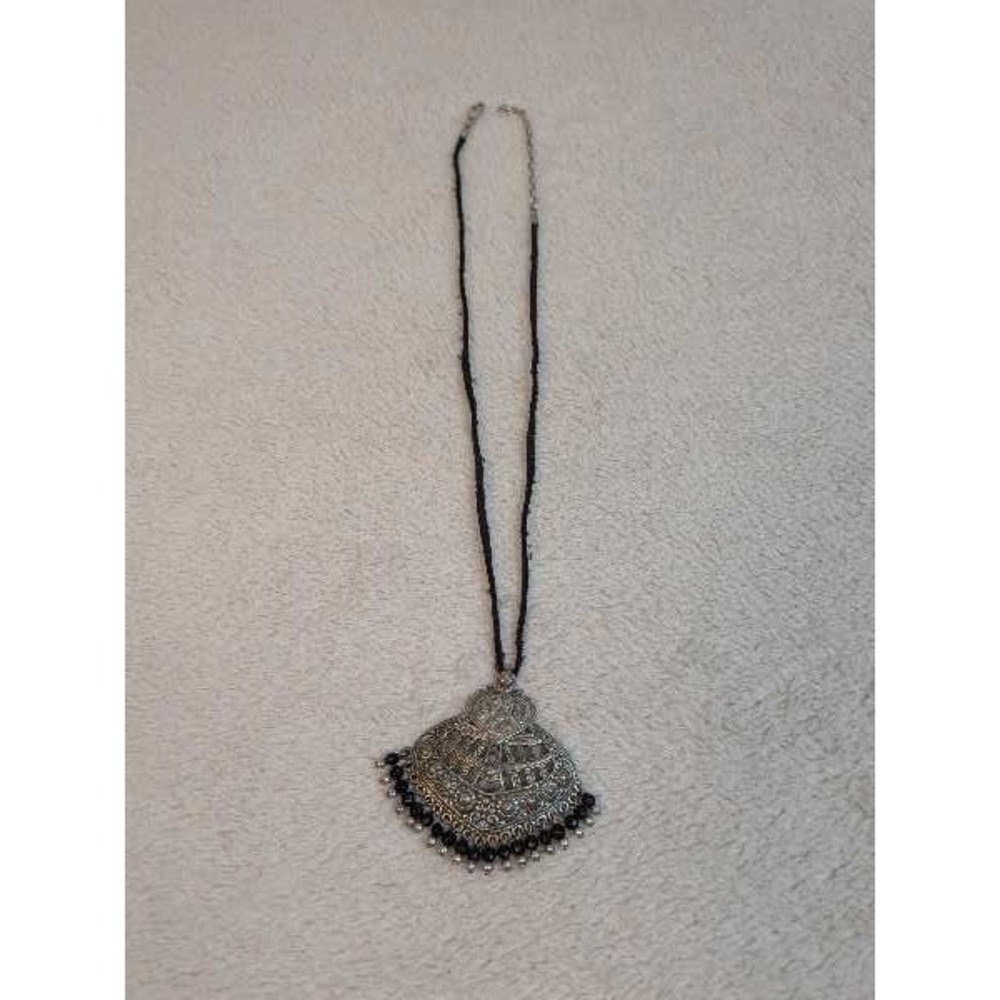 Silver Tone Tribal Bell‎ Pendant Necklace Black Cord Beads Statement